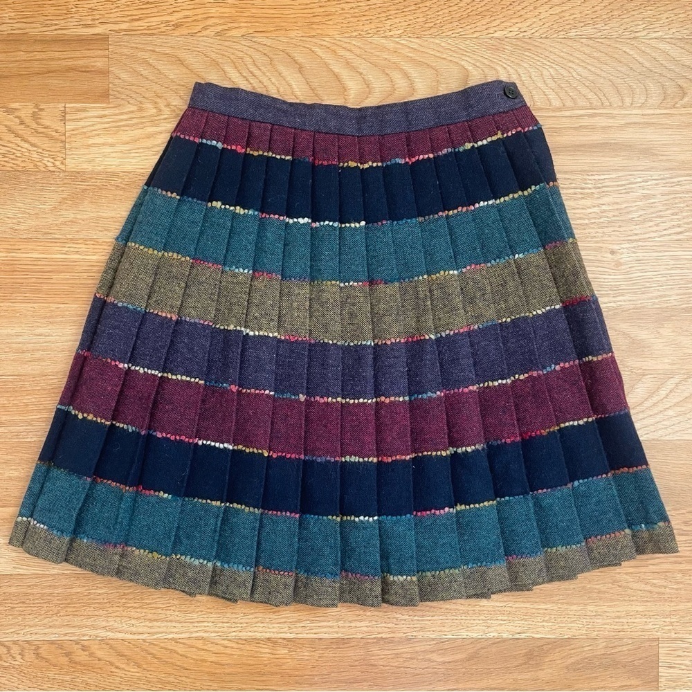 Vintage 80s Wool Tweed Rainbow Plaid Pleated Mini Skirt Size XS